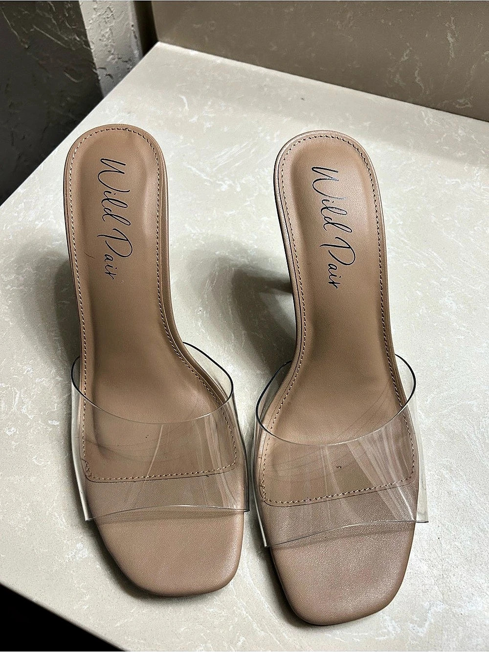 Wild Pair Clear Strap Square Toe Heels in Nude Like New